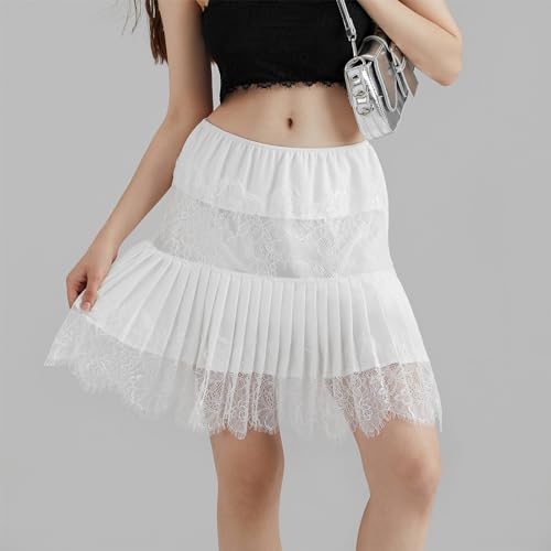 Women Y2k Lace Ruffle Pleated Mini Skirt Low Rise Half Slip Flowy Skirt Fairy Mesh Floral Layered Short Mini Skirts3