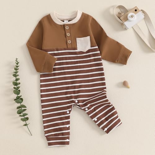 Kuriozud Newborn Infant Unisex Baby Boy Girl Clothes Button Romper Jumpsuit Basic One Piece Outfits Striped Long Sleeve Brown, 6-12 Months
