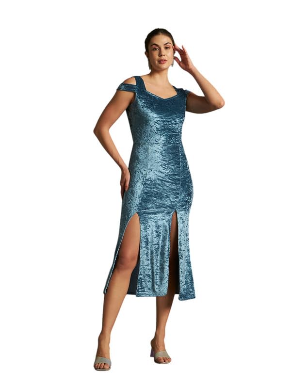 vaararo Crushed Velvet Bodycon Midi Dress for Women | Cold Shoulder Party Outfit with Double Front Slit | Elegant Cocktail, Evening, Birthday & Wedding Guest Wear-picture-6