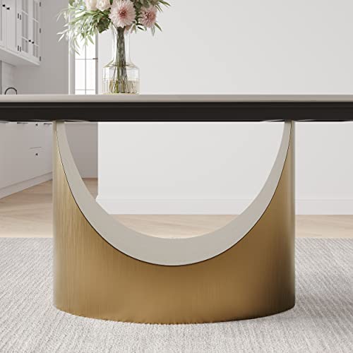 Povison Modern Dining Table, 71 Inch White Dining Room Table For 6, Sintered Stone Table Top, Rectangular Pedestal Dining Table With Gold Carbon Steel Base For Kitchen & Dining #TOP3