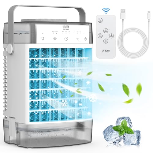Small Cooling Fan, 1600ML Portable Cooling Fan with Remote Control, 3 Speeds 7 Colors LED Evaporative Air Cooler with Timer, Personal Mini Cooling Fan for Room Bedroom Office Grey