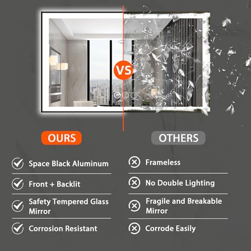 48x30 Lighted Mirrors for Bathroom Wall, Modern Rectangle Matte Black Mirror, Tempered Glass,Double Lights, 3 Colors Dimmable Temperature, IP54 Enhanced Anti-Fog, Memory (Horizontal/Vertical)