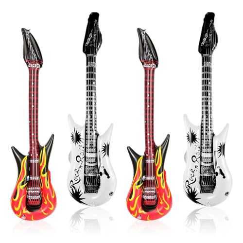 YAUOIPI 4 Pcs Inflatable Guitar for Adults Kids, Rock Flame Design Blow Up Guitar, Punk Rock Star Fancy Dress Rockstar Accessories, Party Props for Themed Parties, Karaoke Decorations (90cm)