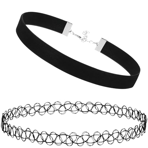 BodyJ4You 2PC Tattoo Choker Leather Necklace Set - 90s Choker Necklace for Women - 2000s Y2K Vintage Collar Neck Lace - Gothic Jewelry Emo Scene Accessories Punk Rock Femboy Statement