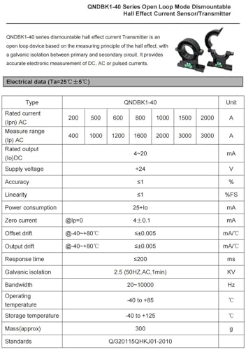 Sensor de corriente Hall QNDBK1-40 CC 800A con núcleo dividido y salida de 10V 3