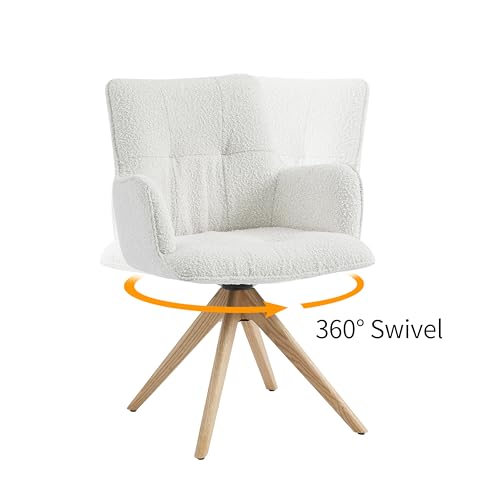 Art Leon Desk Chair No Wheels - Mid Century Modern Swivel Accent Chair, Boucle Fabric Upholstered Office Chair with Oak Wood Legs for Small Space Living Room Bedroom, Off White