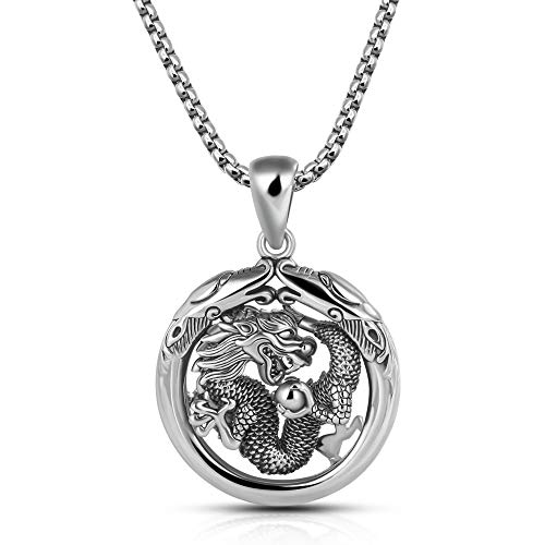 Dankadi Gift Men's 100% 925 Sterling Silver Dragon Circle Pendant Necklace 18 "20" 22 "24" 26 "28" Solid Silver Chain Fashion Fine Jewelry- Italy (24) #TOP4