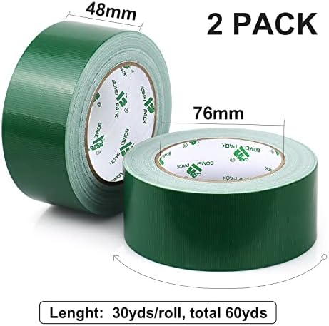BOMEI PACK 2 Packs Green Duct Tape 230mic thickness Reinforced Cloth Gaffer Tape 48mm x 30Y Waterproof for Pipeline duct Repairing,Heavy duty Sealing,Bundling,Strapping,labeling