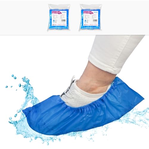 ARNOMED Cubrezapatos desechables CPE, 200x calzas desechables pies extra fuerte, patucos desechables azul, cubre zapatos desechable impermeable en talla 15x41cm, cubrezapatos desechables sanitarios