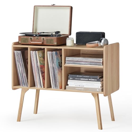 Lerliuo Record Player Stand with 4 Cabinet Holds Up to 220 Albums, Large Stand with Beech Wood Legs, Mid-Century Record Player Table,Burlywood Vinyl Holder Storage Shelf for Living Room