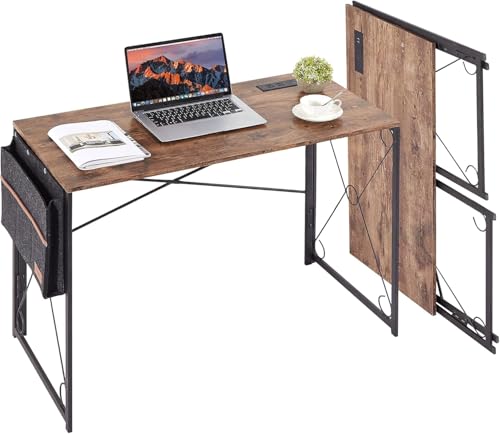 VECELO Folding Desk with with USB Charging Port 39 Inch Writing Desk with Storage Bag Sturdy Steel Laptop Table for Home Office Work Retro Brown