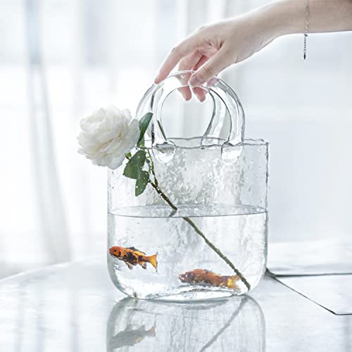 Hewego Clear Glass Vase With Elegant Purse Design,Glass Purse Vase With Handle And Bubbles Within Flower Vase,Glass Bag Vase,Clear Purse Vase For Flowers/Home Décor (1 Clear Vase) #TOP7