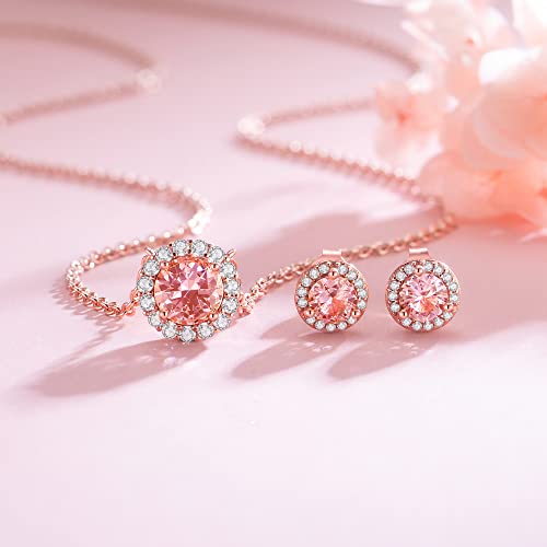 Gloffery 18K Rose Gold Jewelry Set With Created-Morganite, Round Solitaire Dainty Halo Pendant Necklace And Earrings Set For Women, Gifts For Women, Anniversary Birthday Mother's Necklaces Gift For Wife Mom Daughter Girlfriend (Necklace&Earrings) #TOP5