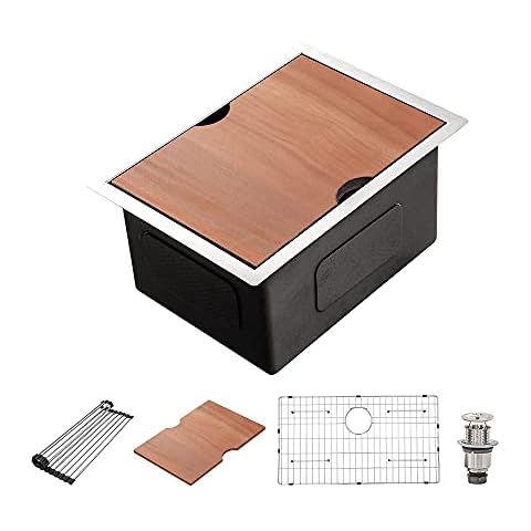 14 Undermount Kitchen Sink - Beslend 14"x19"x10" Stainless Steel Workstation Bar Prep Sink 16 Gauge Single Bowl 10 Inch Deep Sink Cover