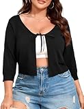 ShopWonder Women's V-Neck Tie Front Shrug 3/4 Sleeve Rib-Knit Cardigan Sweater Crop Top,3XL,Black