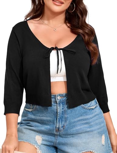 ShopWonder Women's V-Neck Tie Front Shrug 3/4 Sleeve Rib-Knit Cardigan Sweater Crop Top