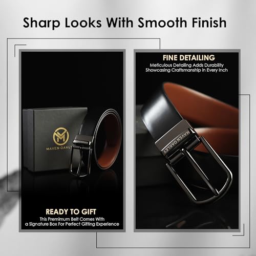 Image of Belts for Men Leather Original, Reversible Black & Brown Formal & Casual Italian Leather Belt with Solid Metal Curved Buckle
