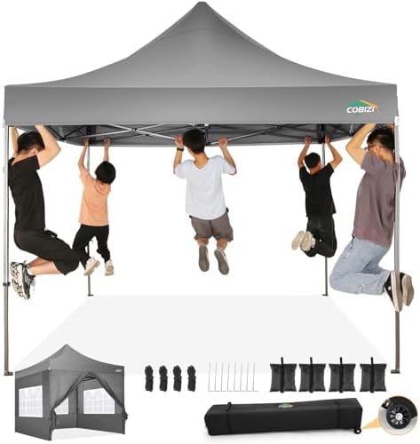 COBIZI 10x10 Pop Up Canopy Tent with 4 sidewalls Commercial Heavy Duty Canopy UPF 50+ All Weather Waterproof Outdoor Canopy Wedding Tents for Parties Gazebo with Roller Bag, Grey (Windproof Upgraded)