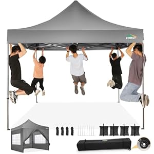 COBIZI 10×10 Pop Up Canopy Tent with 4 sidewalls Commercial Heavy Duty Canopy UPF 50 All Weather Waterproof Outdoor Canopy Wedding Tents for Parties Gazebo with Roller Bag Grey Windproof Upgraded
