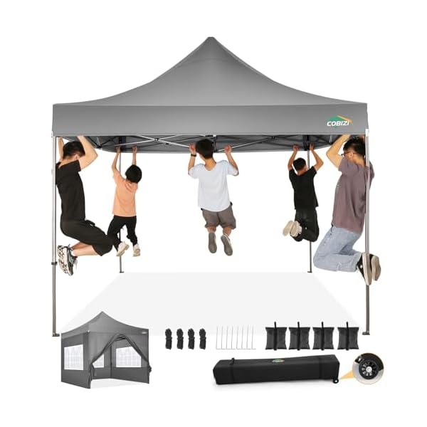 Cobizi 10×10 pop up canopy tent with 4 sidewalls commercial heavy duty canopy upf 50 all weather waterproof outdoor canopy wedding tents for parties gazebo with roller bag grey windproof upgraded  urban country home decor