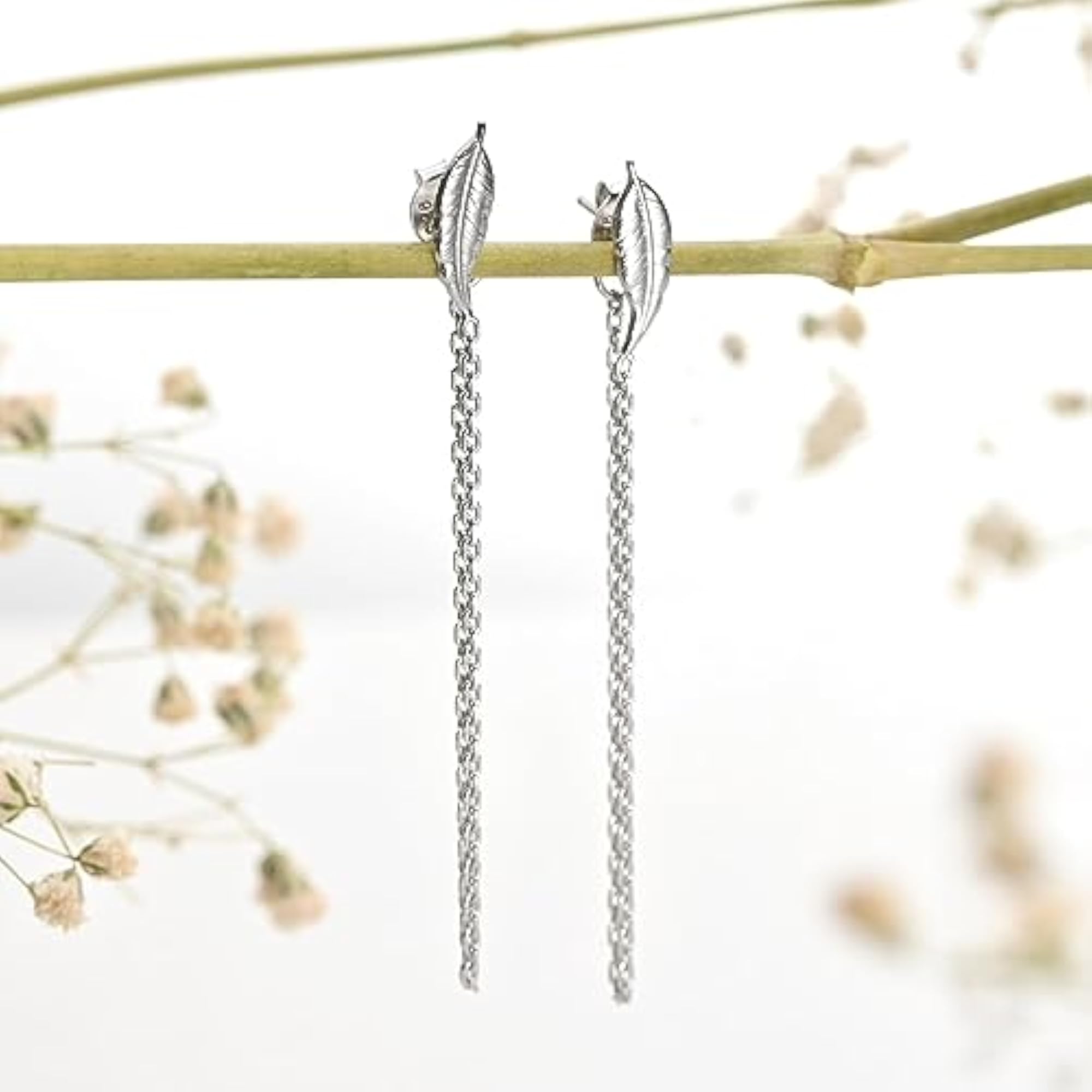 925 Silver Leafy Chain Dangler Earrings with 925 Hallmark