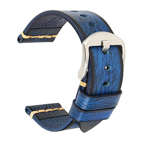 Bracelet de montre en cuir véritable 20 mm bleu profond avec boucle argentée