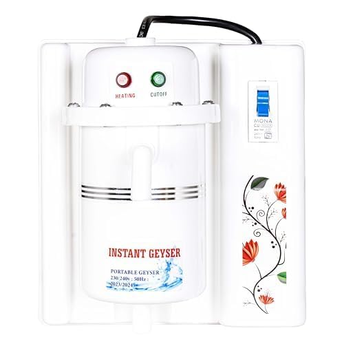 Image of TEKCOOL 1L Instant Portable Water Heater /Geyser (Fitted with MCB) Instant Running Water Heater ABS Plastic, Auto Cut Off and Manual Reset, Inlet and Outlet Thread (White-Orange)