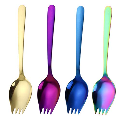 JUCOXO Sporks Göffel aus Edelstahl, 15 cm, für Eislöffel, Löffel, Salatgabeln, Obst, Vorspeisen, Dessertlöffel (mehrfarbig) 4 Stück Cover