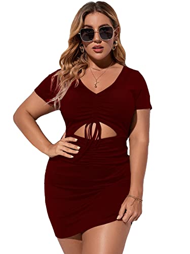 Romwe Women s Plus Size Casual Drawstring Twist Front Cut Out V Neck Short Sleeve Summer Sexy Bodycon Dress Burgundy 0XL