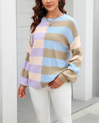 Image of chouyatou Women's Casual Crew Neck Color Block Striped Patchwork Knitted Pullover Sweater Tops