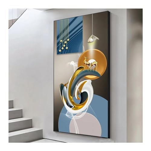 Peinture géométrique murale de luxe avec cerf doré et feuille d'or - Cadre interne 65x130 cm