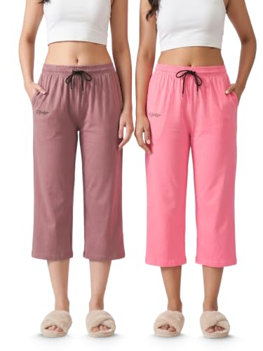 Image of Fflirtygo Women's Cotton Plain Calf Length Capri | Nightwear Short Pyjama | 3 /4th Solid Pyjama Pant | Regular Fit Casual & Lounge Wear Capri Combo (Pack of 2)
