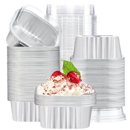 EUSOAR Disposable Ramekins with Lids, Silver 10oz 100pcs Creme Brulee Ramekins Disposable, Muffin Cups for Baking, Mini Cake loaf Bread Containers Pans Cups with Lids for Party Favor Birthday