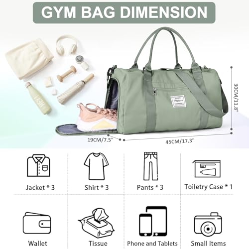Gym Bags for Women Men with Shoes Compartment,Sports Duffle Bags Personal item travel Duffel Tote Bag Small Carry on Weekender Overnight Bag Workout Dance Bags Hospital Holdalls Grey Green2