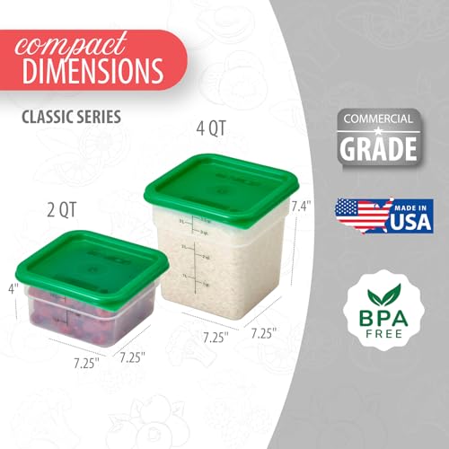 Image of Cambro Food Storage Container with Lid (Microwave Safe and BPA-Free) - 2 Pack - Classic Series Square with Green Lid - 2 and 4 QT (Quart) - Commercial Grade for Food Prep (Translucent)
