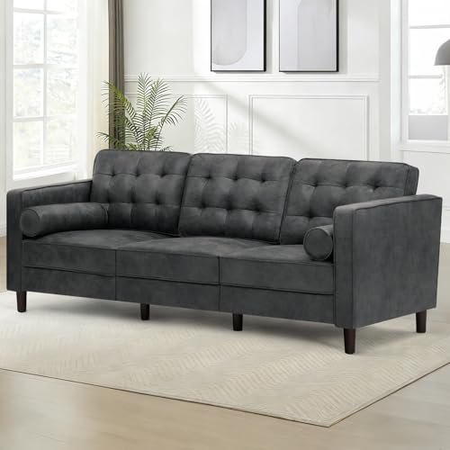 Lesofair 84 Inches Suede Leather Couch with Bolster Pillows, Comfy 3 Seater Sofa with Tufted Back Cushions, Modern Couch with Sturdy Legs for Living Room, Office, Bedroom, Grey