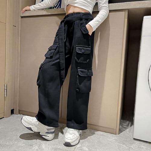 Image of Rolanko Girls Cargo Pants Baggy Y2K Cargo Trousers Jeans Wide Leg Pants with Multi Pockets 4-15 Years