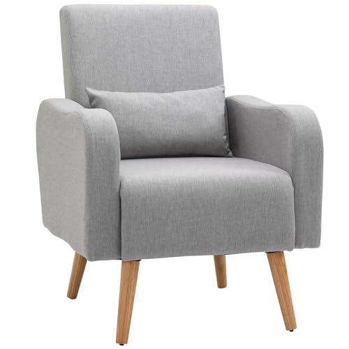HOMCOM Accent Chair, Linen-Touch Armchair with Pillow, Upholstered Leisure Lounge Sofa for Living Room, Club Chair with Rubber Wooden Frame, Grey