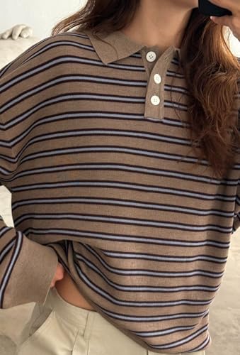 Women Rugby Polo Shirts Oversized Long Sleeve Collared Striped Sweatshirt Y2k Preppy Pullover Tops4