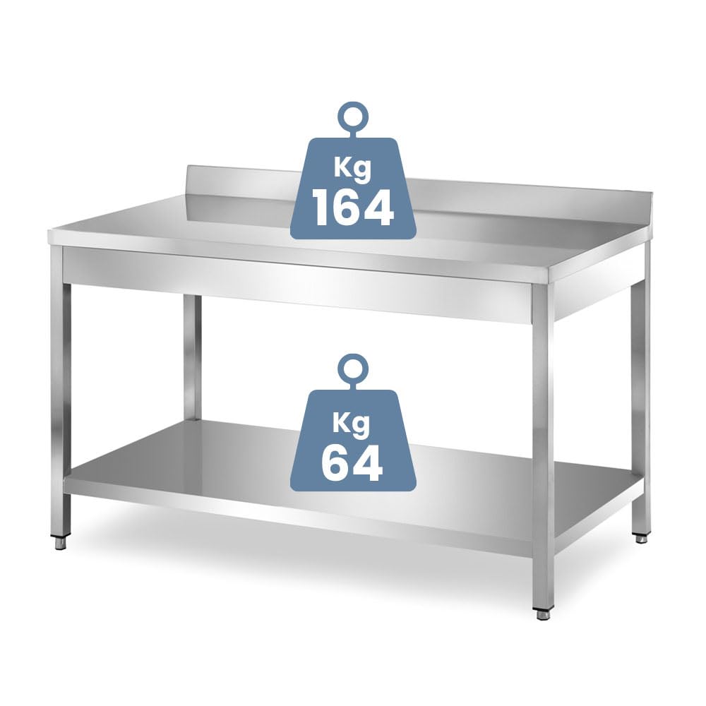 TECNA FOOD Tavolo da lavoro in acciaio INOX con ALZATINA e RIPIANO INFERIORE per cucine professionali bar hotel - profondità 70 cm - altezza 85 cm regolabile (70X70X85cm)