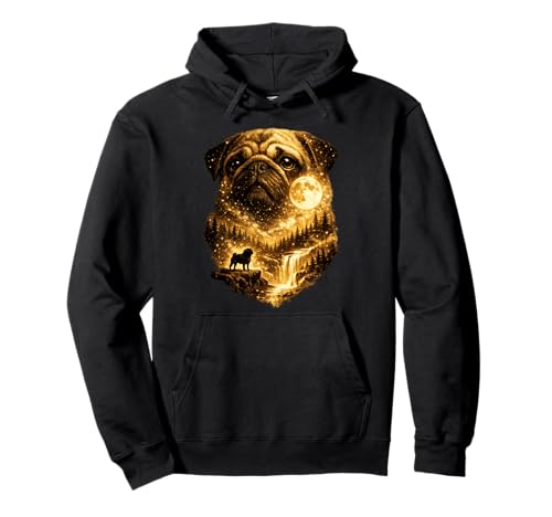 Black Pug Howling to The Moon 90s Retro Animal Dog Mom Pet Pullover Hoodie