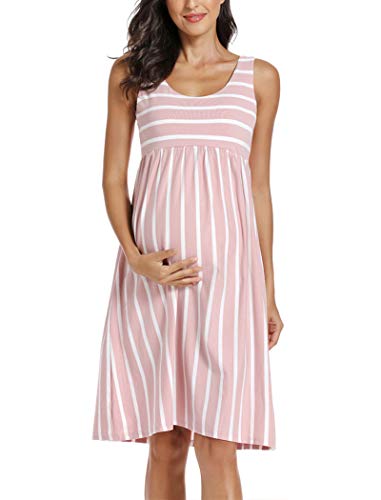 Ecavus Womens Maternity Tank Dress Stripe Color Block Sleeveless Knee Length For Baby Shower thumb #3