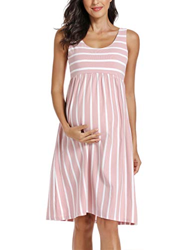 striped nursing tank dress - Ecavus Womens Maternity Tank Dress Stripe Color Block Sleeveless Knee Length for Baby Shower (L, A-Dustypink White Stripe)