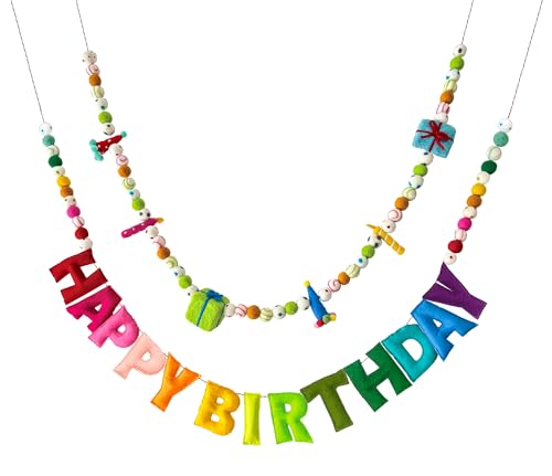 2 個 あらかじめ張られたハッピーバースデーバナー、レインボーパーティーデコレーション、HAPPY BIRTHDAYフェルトボールガーランド、誕生日デコレーション用のパーソナライズされたバースデーサイン、パーティー用品、写真小道具、Decoración De Cumpleaños（Amazon）