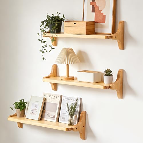 Lot de 3 étagères murales, 40 cm, en bois de pin massif, style maison de campagne, étagères de rangement murales pour salon, chambre à coucher, cuisine et salle de...