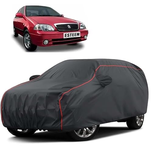 Image of Sulfar 100% Water Resistant Car Body Cover Compatible with Mirror for Maruti Suzuki Esteem (Triple Stitched, Full Bottom Elastic, Dark Grey Taffeta with Red Piping)
