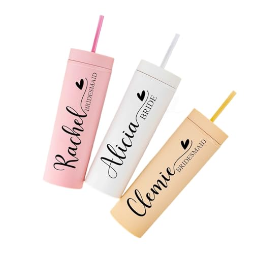 Vaso personalizado mate de 16 onzas con pajilla, taza de agua para novia y novio, vaso acrílico delgado personalizado, regalo de fiesta de dama de honor, vasos personalizados con tapas y pajitas (4