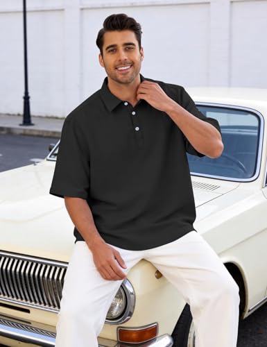 Eisctnd Men's Polo Shirts Short Sleeve Linen Blend Golf Collared T-Shirt for Summer Wedding Beach Vacation Business Casual(Black-XL) — view 4