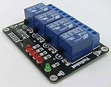 Módulo relé de 5V y 4 canales, diseñado para controlar cargas de 10A a 250Vac o 30Vdc. Este módulo relé de un canal dispone de un transistor para su activación, además tiene un indicador LED (verde) para la alimentación y otros indicadores LED (rojo) para indicar el estado de cada relé. Posee dos terminales para alimentación (Vcc y GND), y otro de entrada de señal de estado lógico, el módulo puede ser accionado por una placa Arduino, microcontrolador o Raspberry Pi, para manejar cargas con una c
