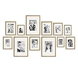 PHOTOLINI Echtholz Bilderrahmen-Set mit Passepartout, 12er Rahmenset, Holzrahmen made in EU, Eiche, bruchsicheres Acrylglas, zum Aufhängen, extra Zubehör - ideal für Fotos & Bilder